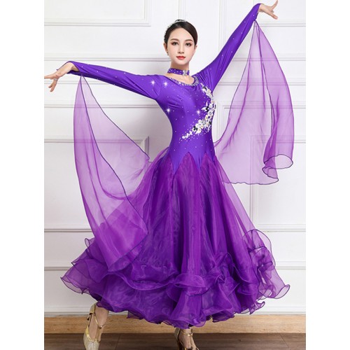Women girls violet purple fuchsia hot pink ballroom dance dresses waltz tango foxtrot smooth dance long gown for female